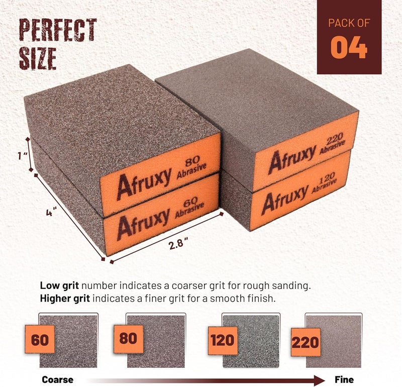 Afruxy Professional-Grade Sanding Sponge 4-Pack with Gloves – 60/80/120/220 Grit, Wet Dry Hand Sander, Sand Paper Brick for Drywall Sanding, Wood Sanding - Image 5